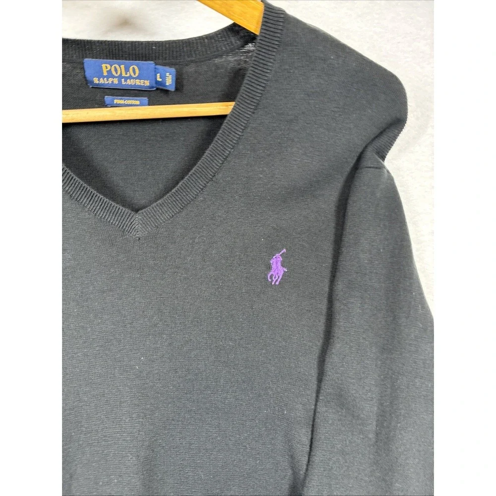 Polo Ralph Lauren Pima Cotton V Neck Sweater Mens Large Black Purple Pony Logo - Picture 2 of 6